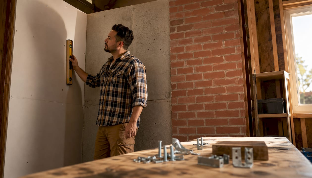 Man inspecting different wall types for TV mounts