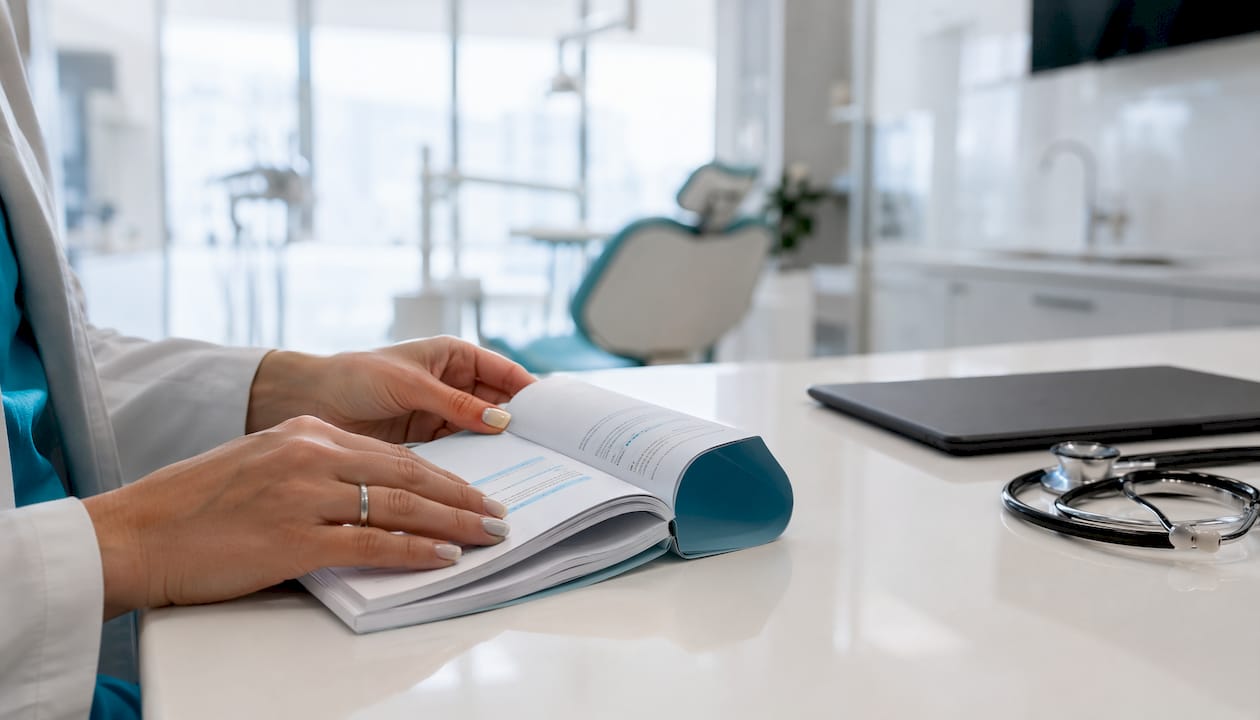 Close-up of hands reviewing dental sedation codes booklet