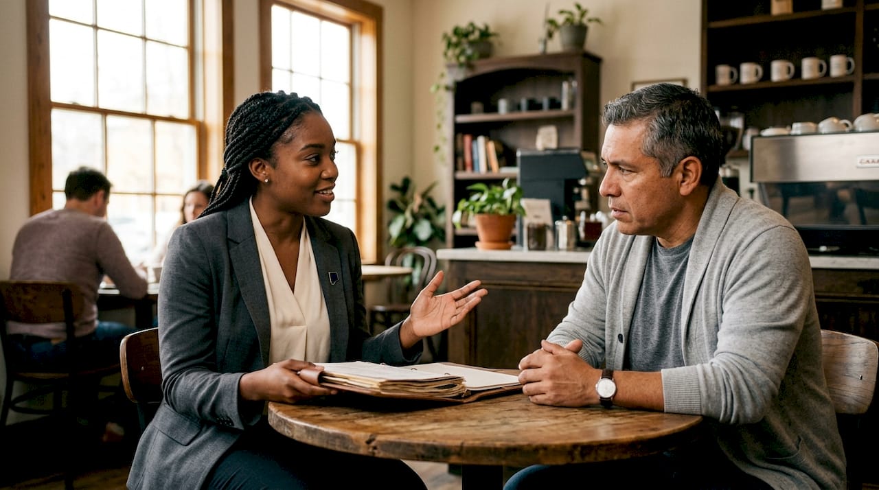 Defense attorney consulting with client in office