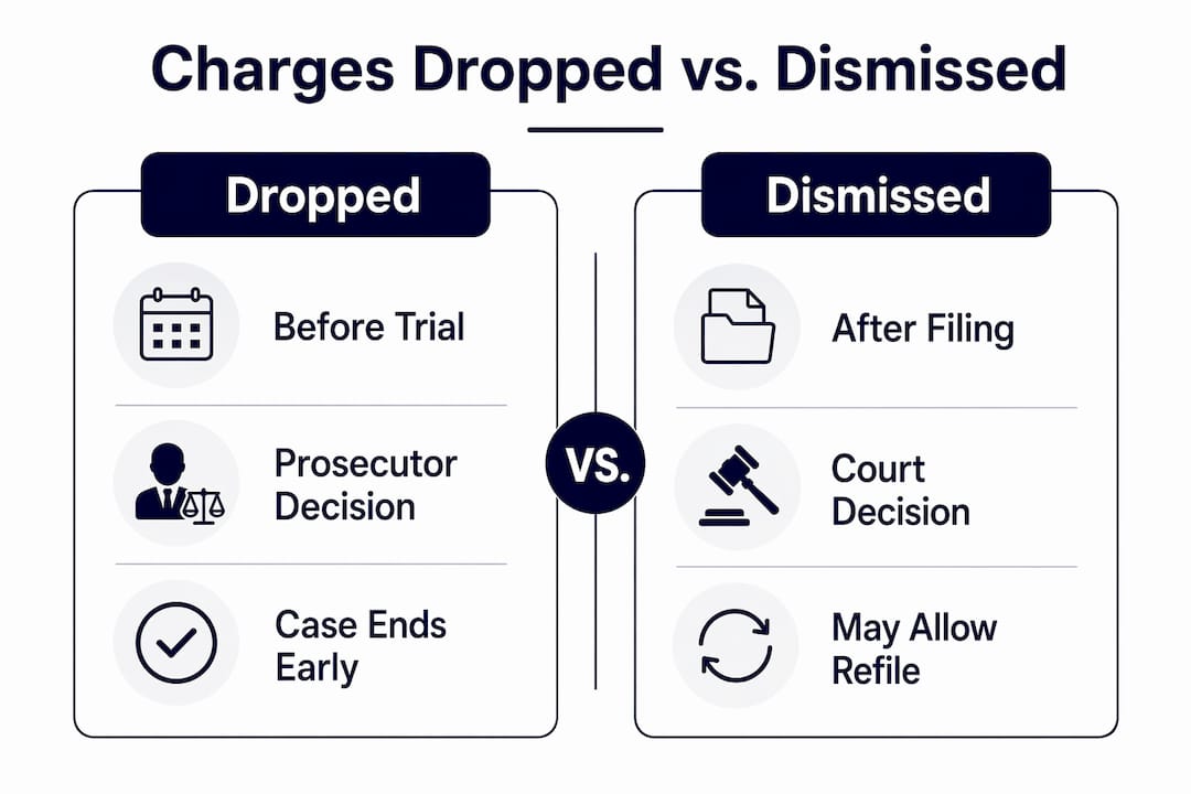 Infographic comparing dropped and dismissed charges