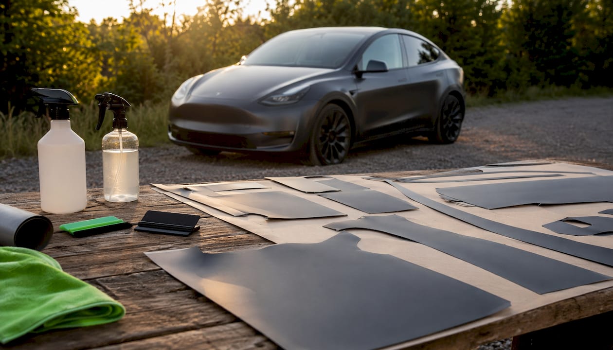 Matte PPF kit laid out for Tesla Model Y installation