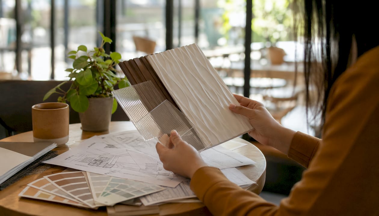 Hands holding backlit wall material samples over desk