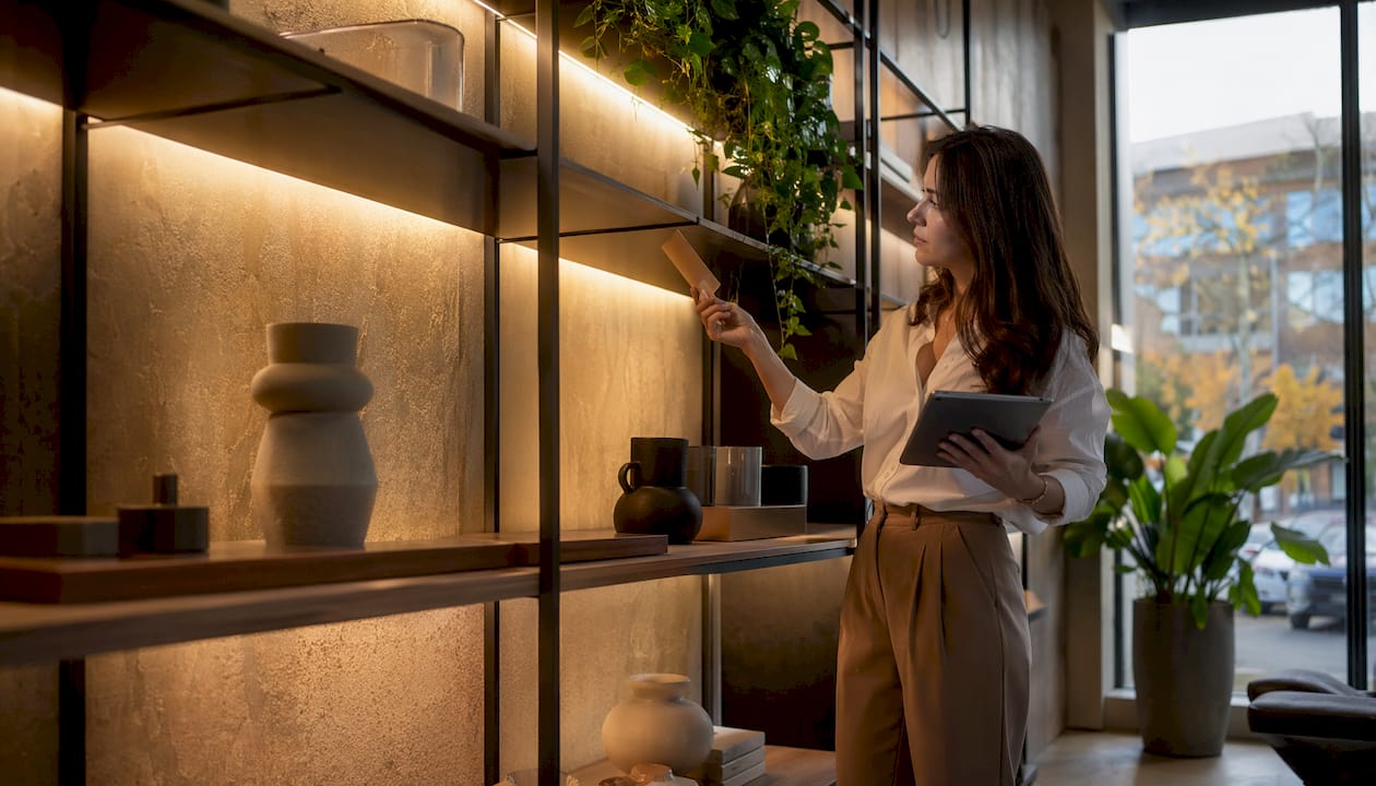 Interior designer assessing backlit wall design