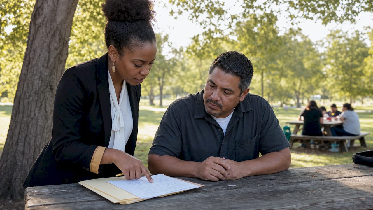 Lawyer and client discussing court penalties