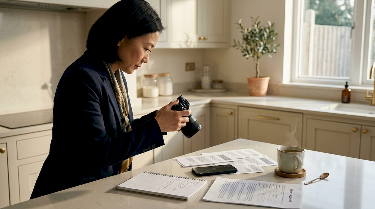 Attorney photographing evidence on desk