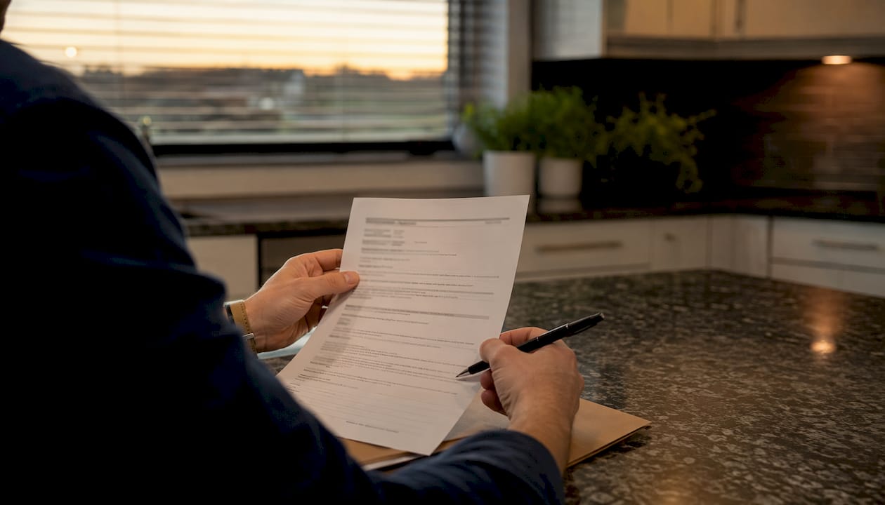 Hands holding DMV hearing notice and pen