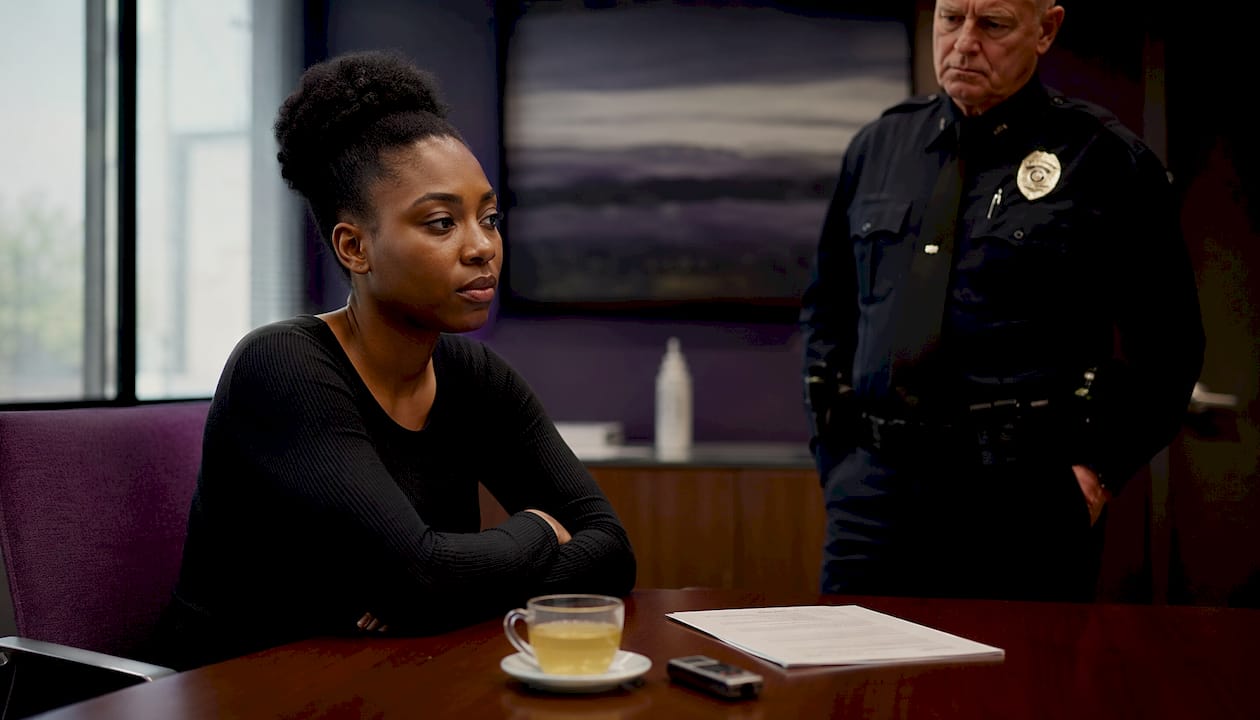 Woman in police interrogation room listening