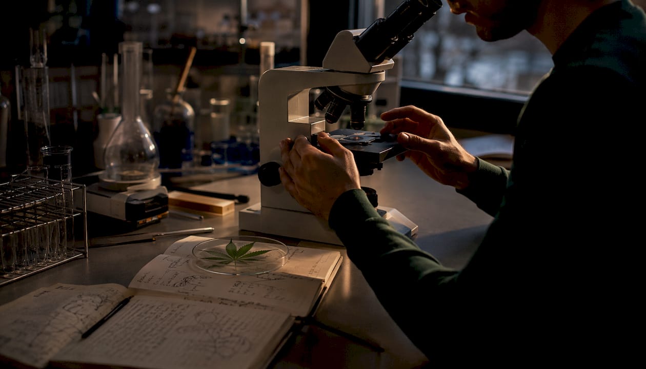 Researcher preparing cannabis specimen under microscope