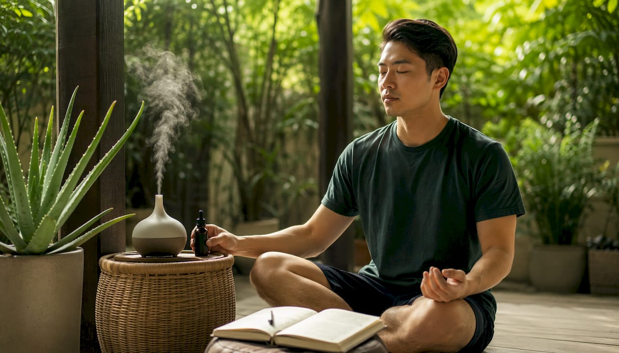 Man meditating with CBD tincture in living room