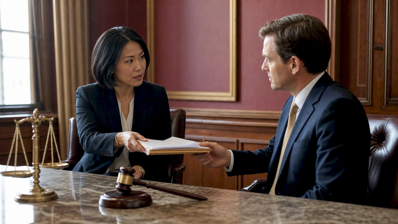 Prosecutor and defense lawyer exchanging legal evidence