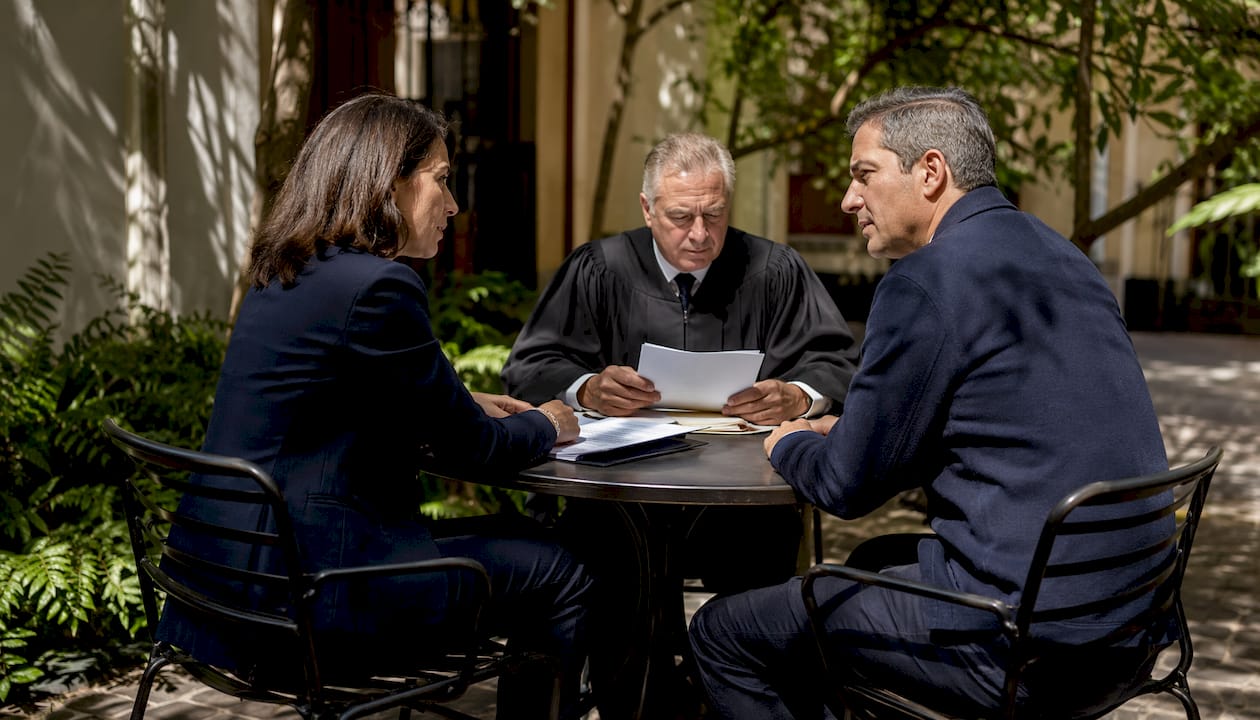 Courtroom scene with parent and attorney