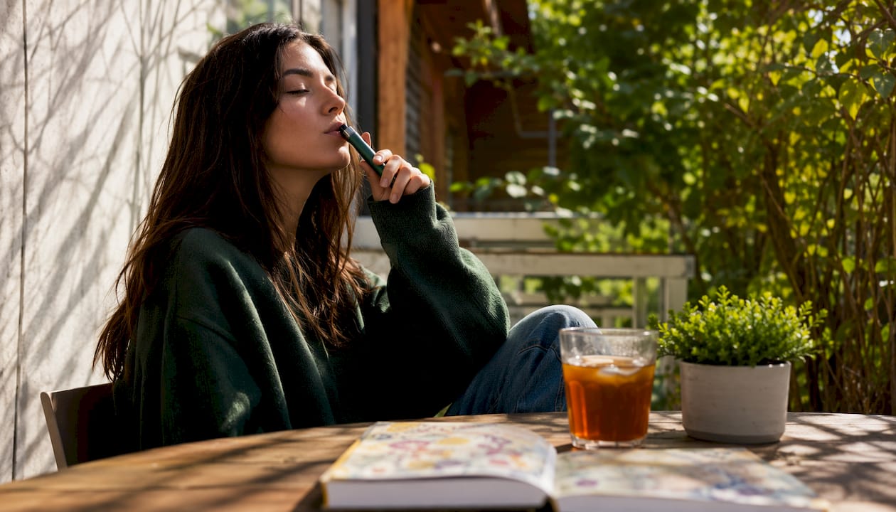 Woman savoring flavor of vape at café table