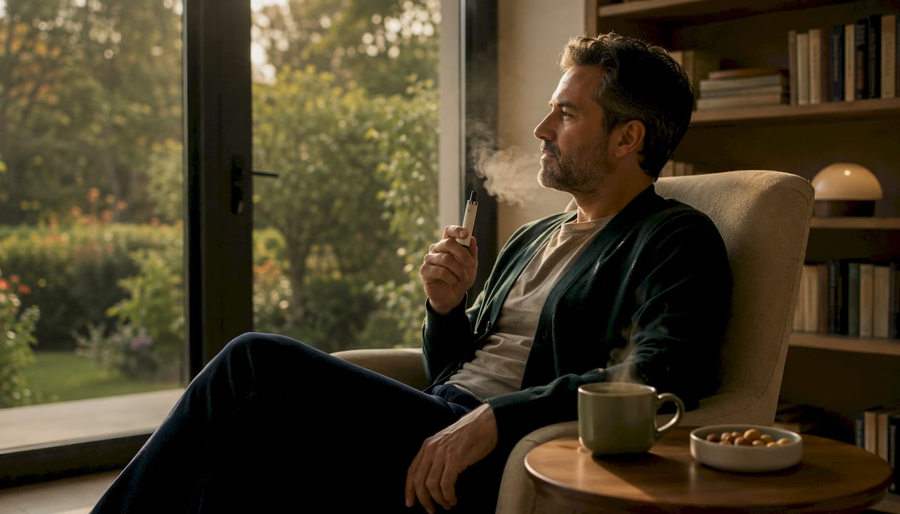 Man relaxing with vape in modern living room