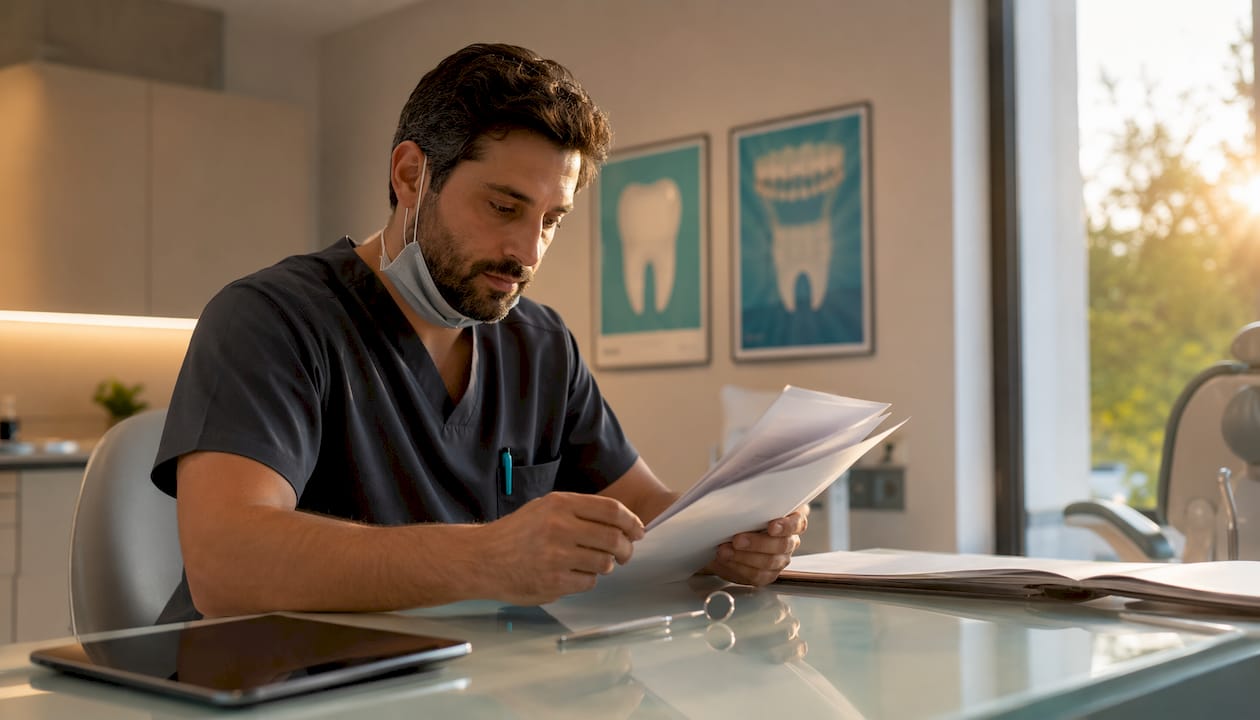 Dentist reviewing dental patient history in consultation room