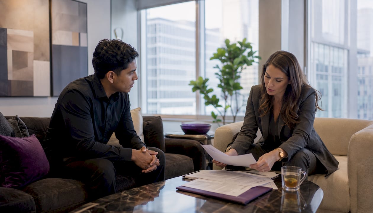 Attorney consulting client in law office