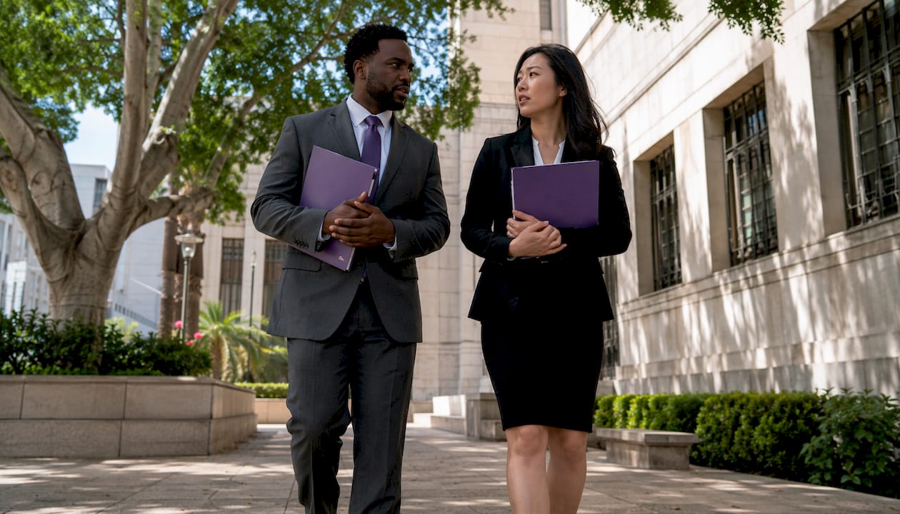 Two attorneys conversing in courthouse hallway