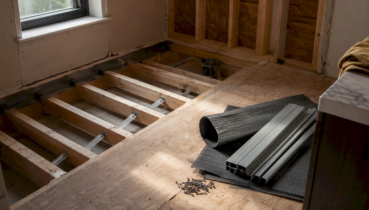 Overhead view of shower subfloor construction