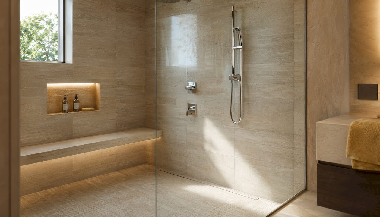 Curbless shower niche and bench details