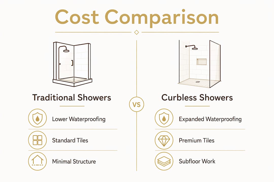 Infographic comparing traditional and curbless shower costs