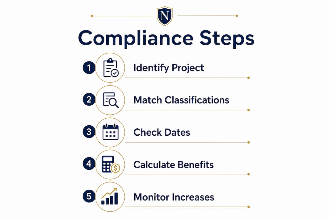 Infographic illustrating steps for prevailing wage compliance