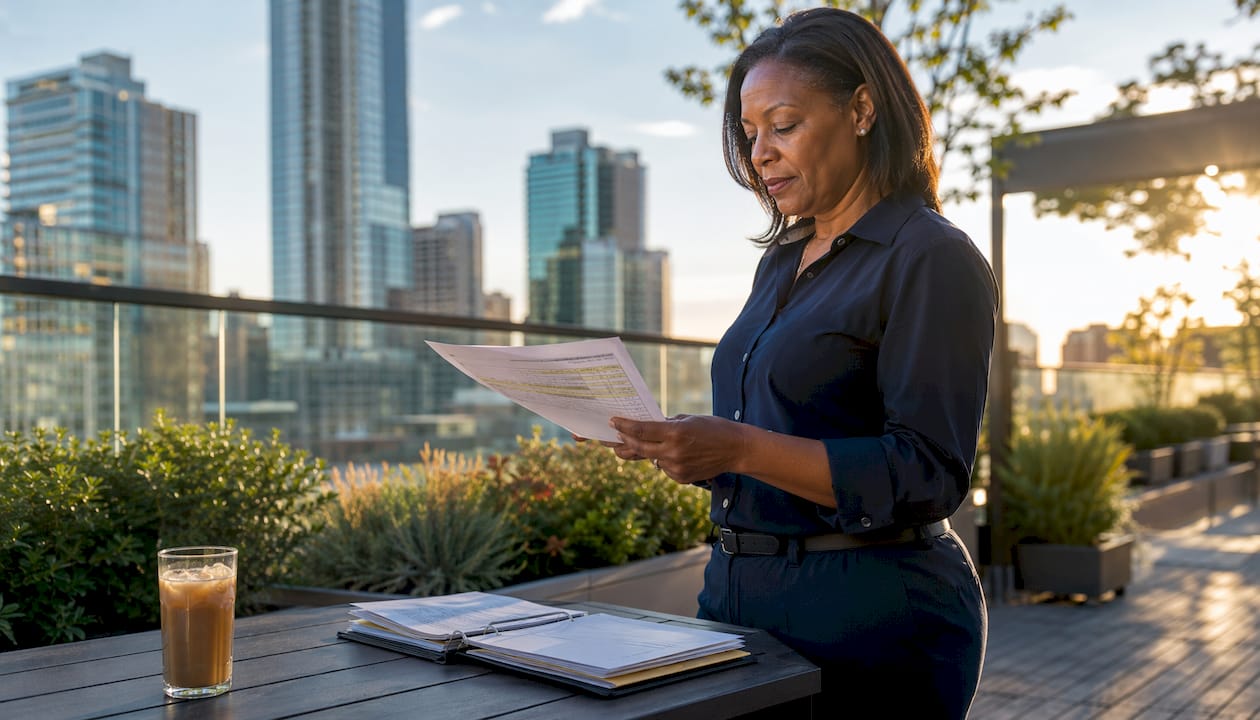 Facility manager reviewing wage compliance documents