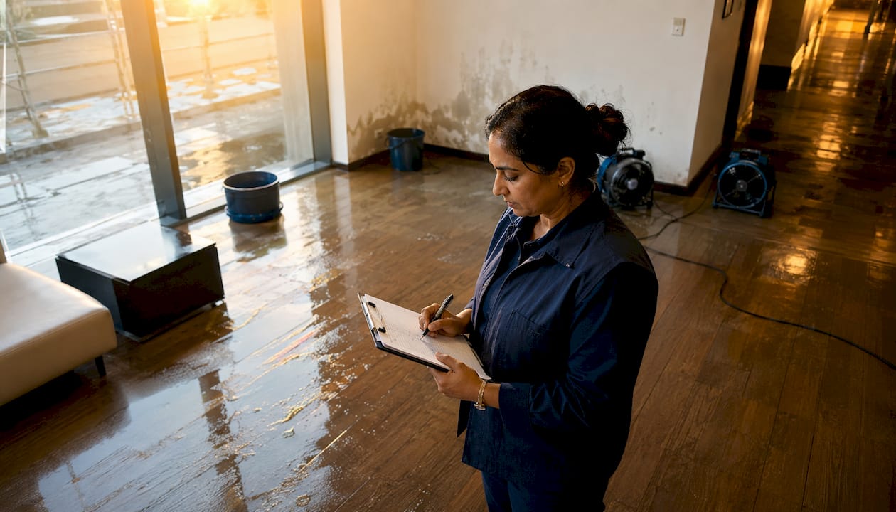 Facility manager inspecting water damage