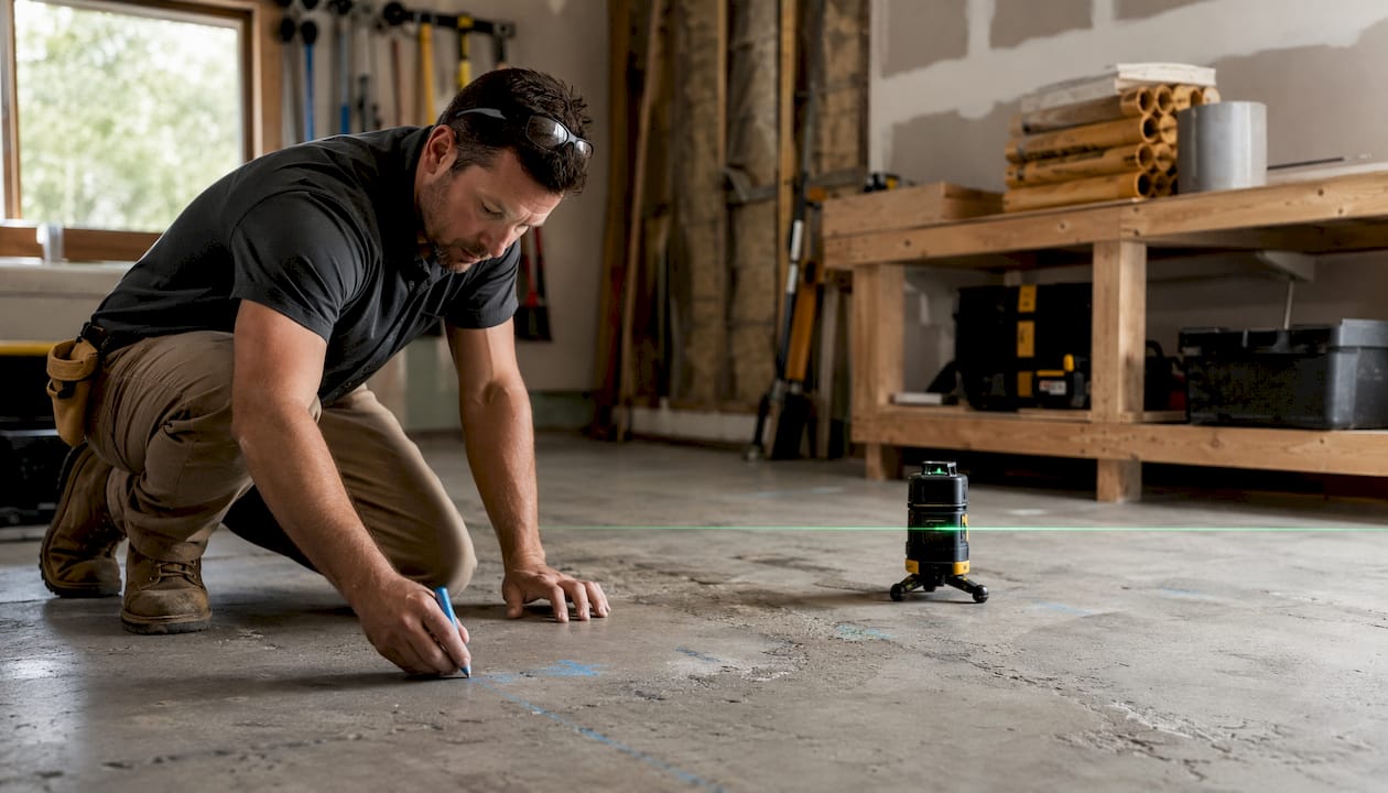 Hands measuring uneven garage floor for prep