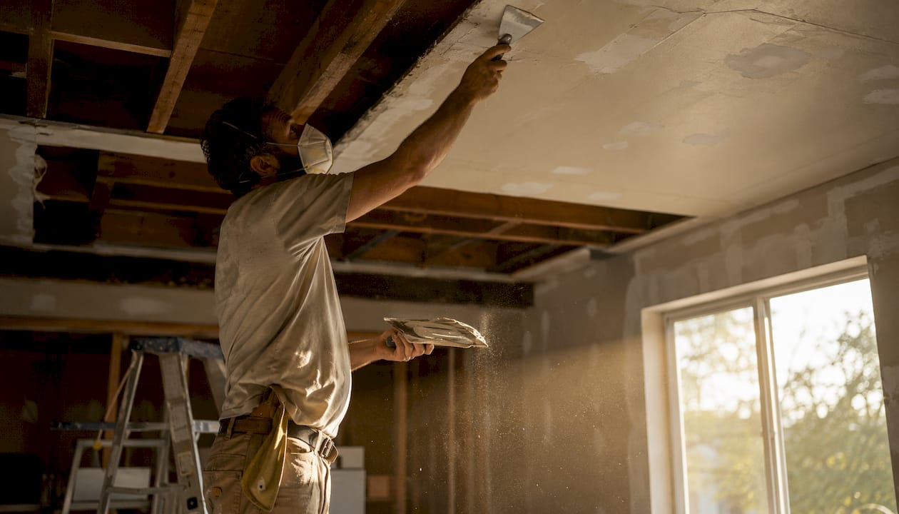 Worker smoothing drywall compound on garage ceiling