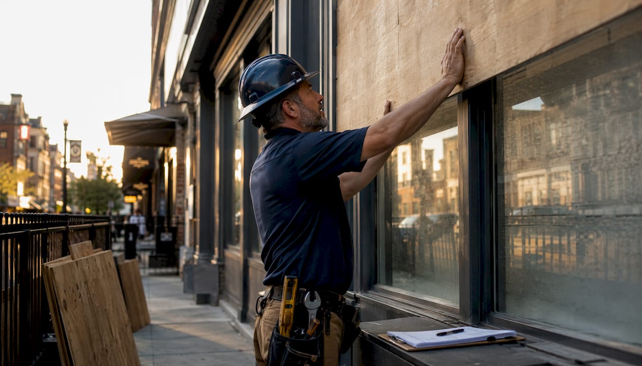 Licensed contractor inspecting boarded commercial door