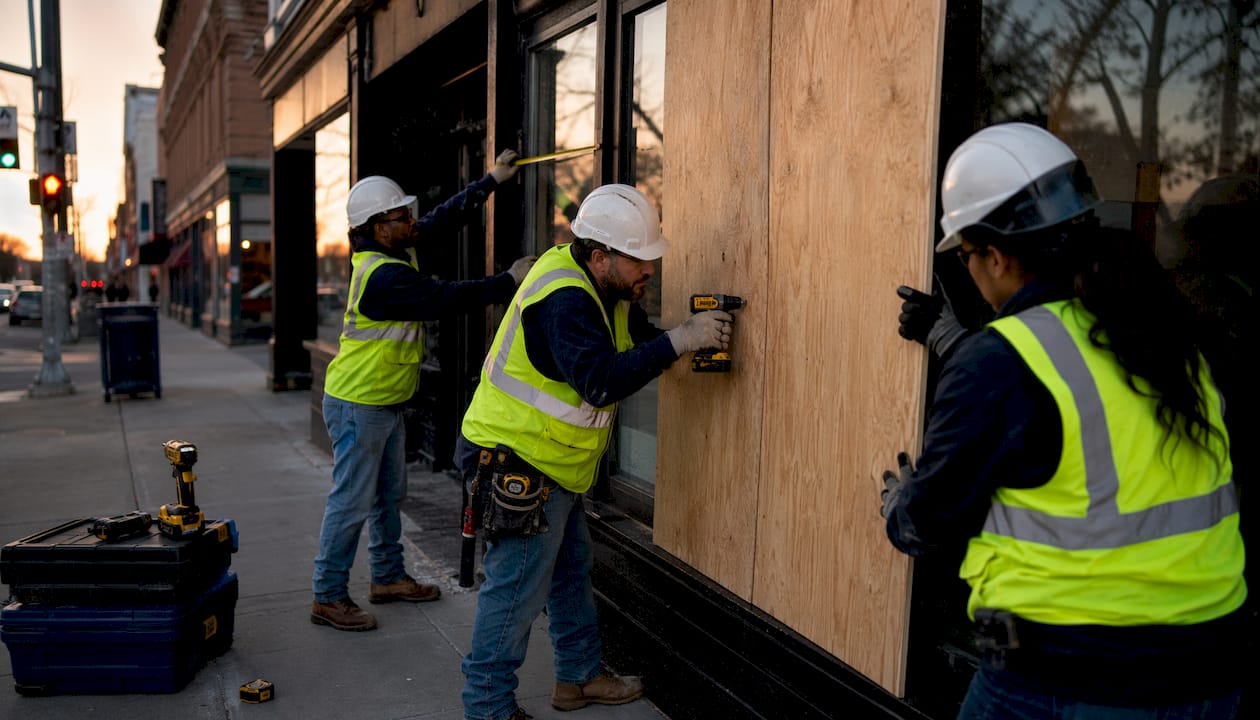 Professional crew boarding up broken commercial windows