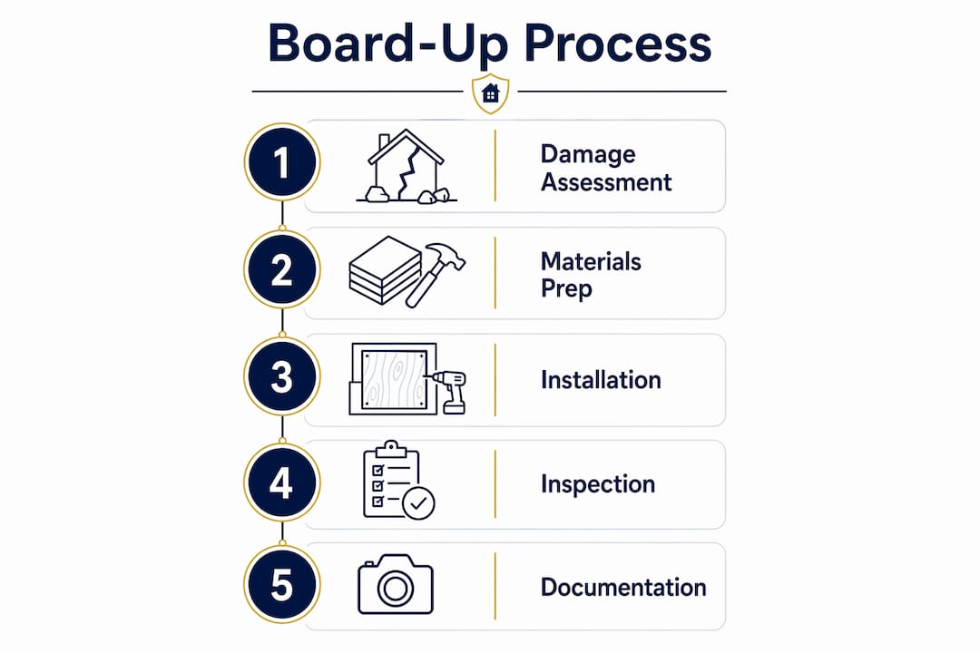 Infographic showing emergency board-up procedural steps