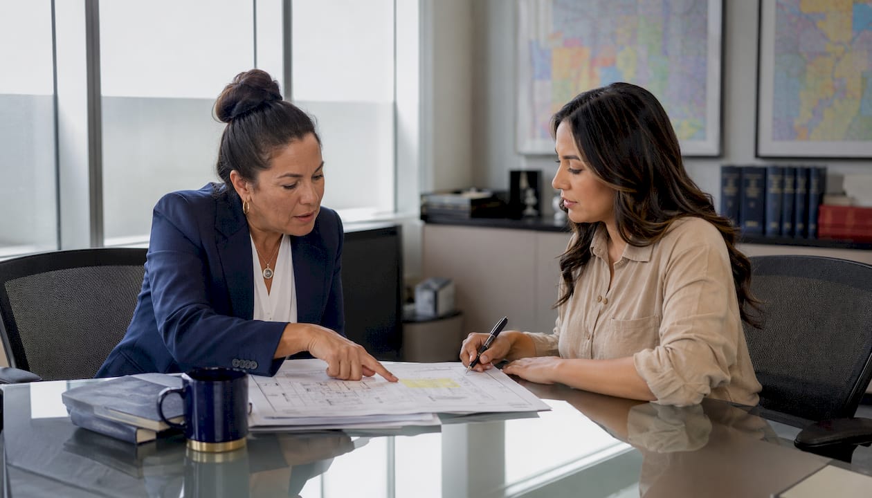 Building owner and official reviewing boarding permit documents