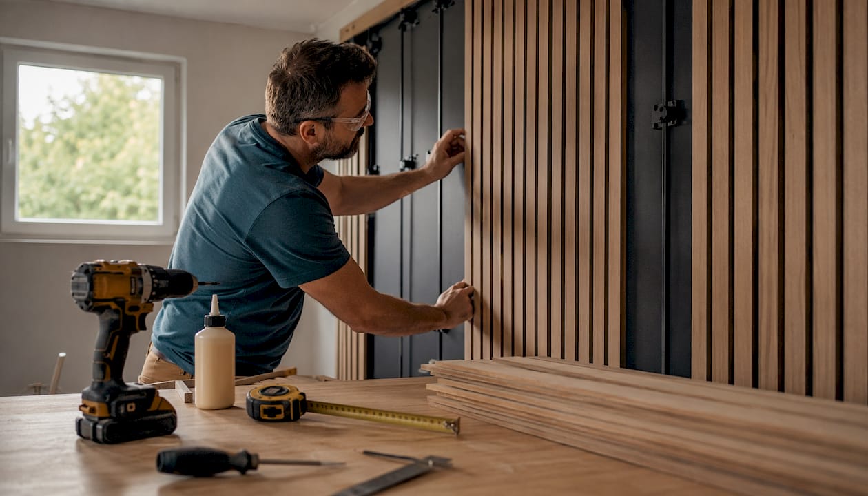 Craftsman installing wood panels with concealed mounting clips