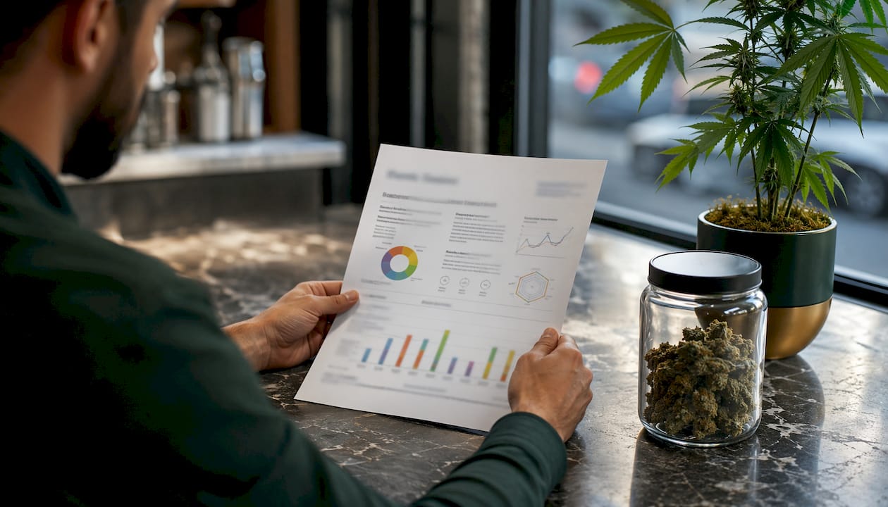 Hands comparing terpene lab report and cannabis