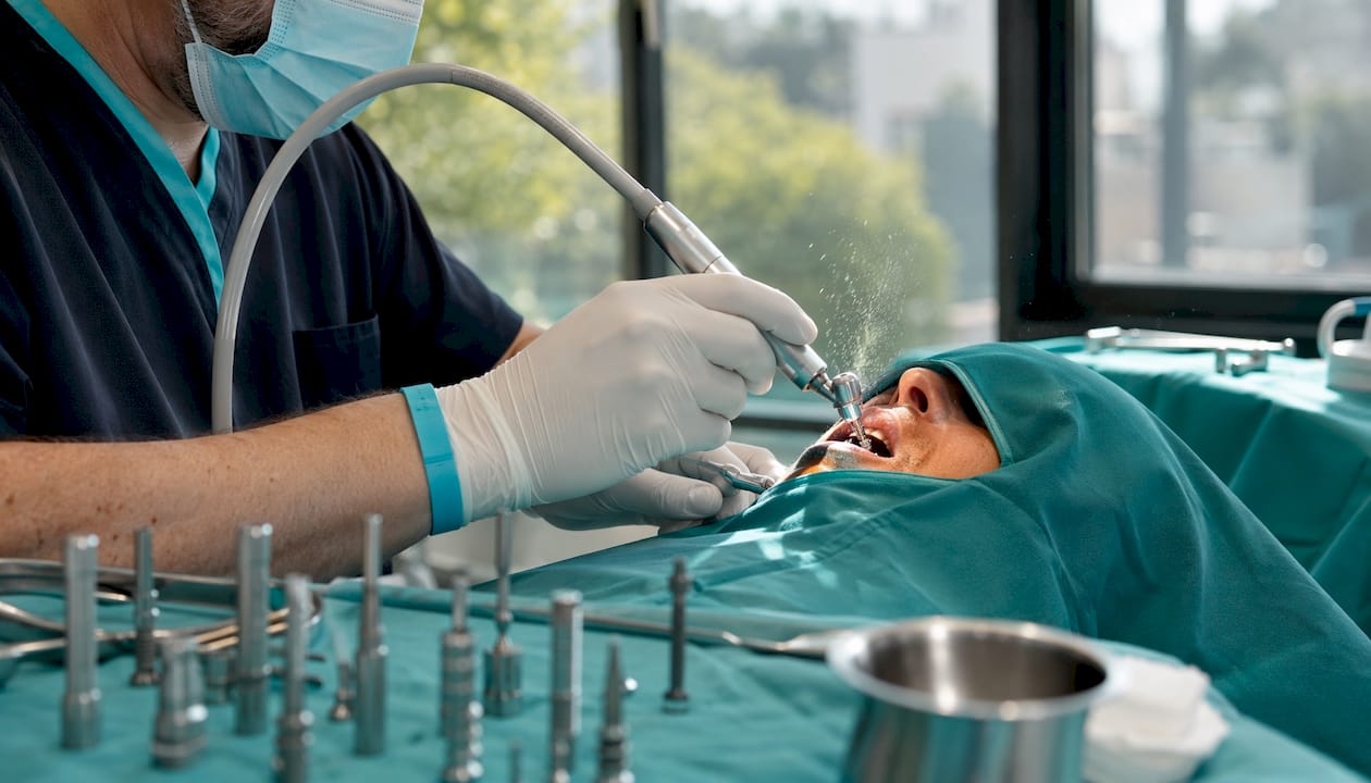 Close-up of dentist's hands performing implant drilling