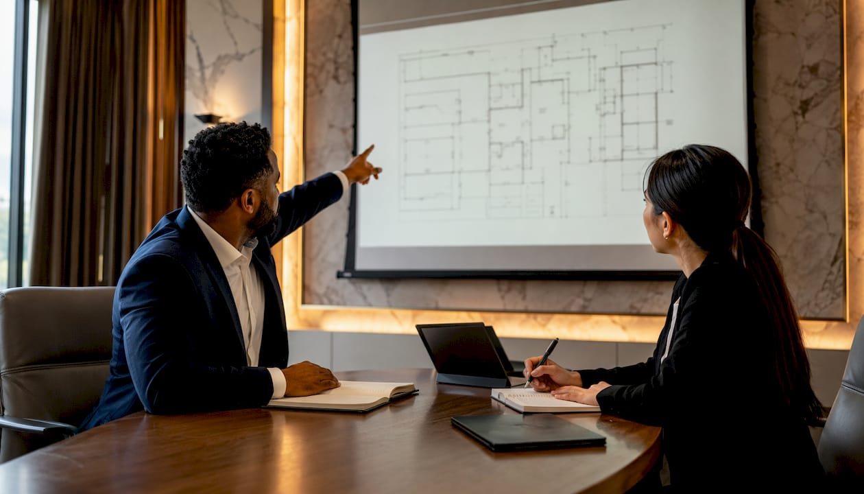 Colleagues planning outsourcing strategy