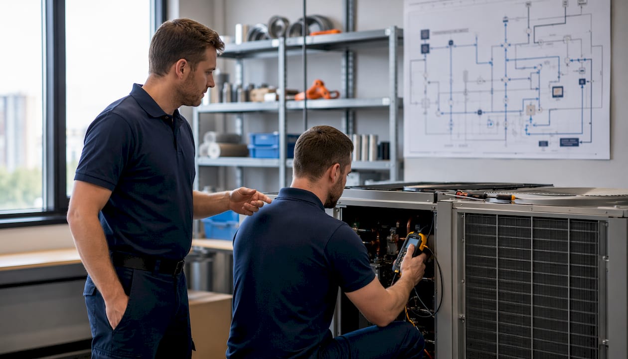 Technicians managing facility operations in warehouse
