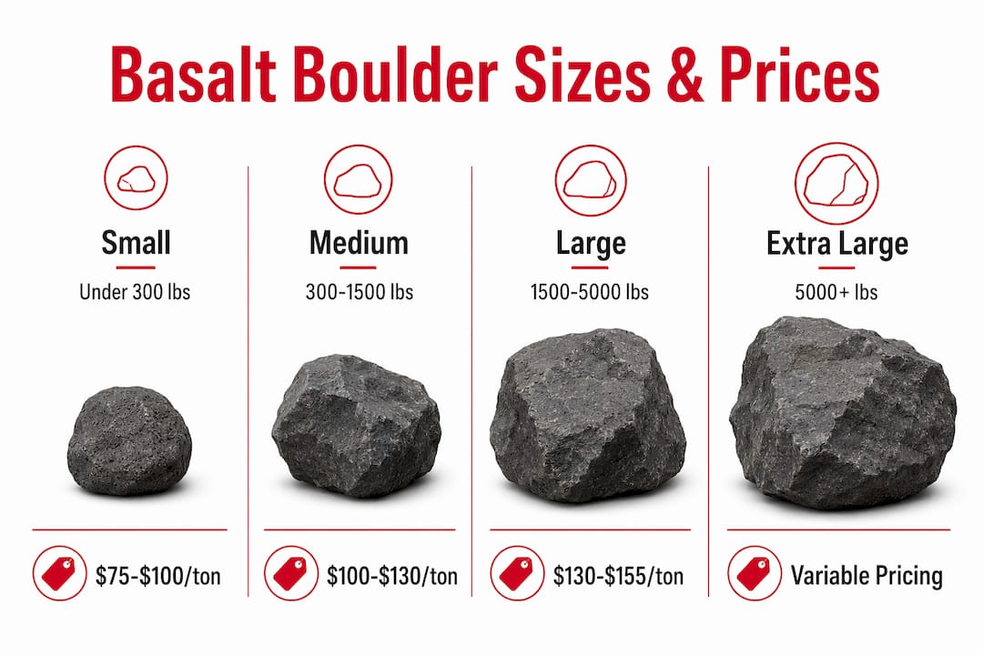 Infographic showing basalt boulder size categories and pricing