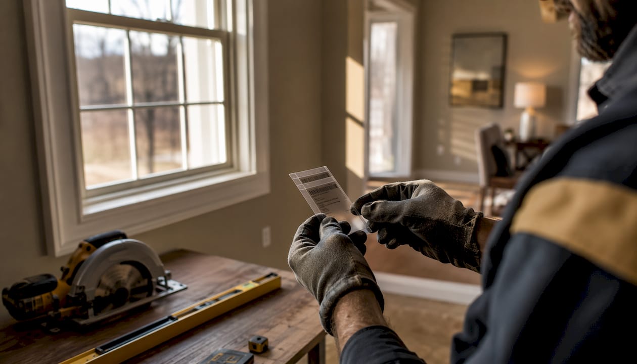 Hands holding energy efficient window specs label