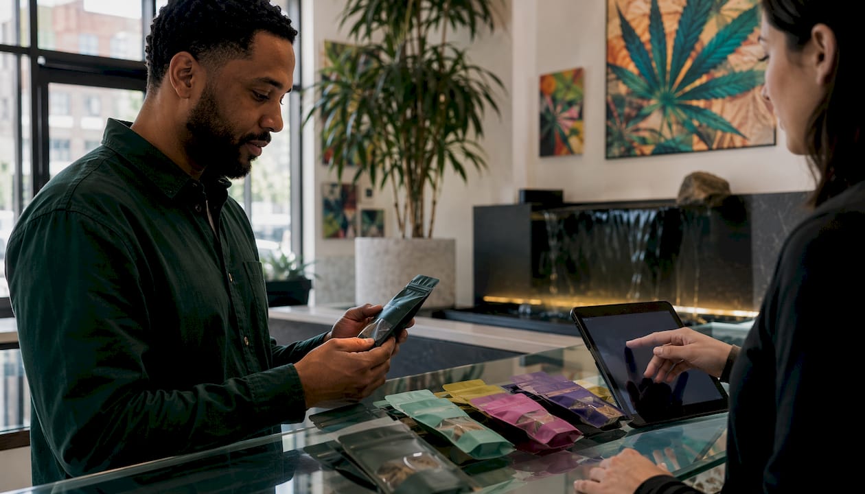 Customer picking hybrid THC gummies at dispensary