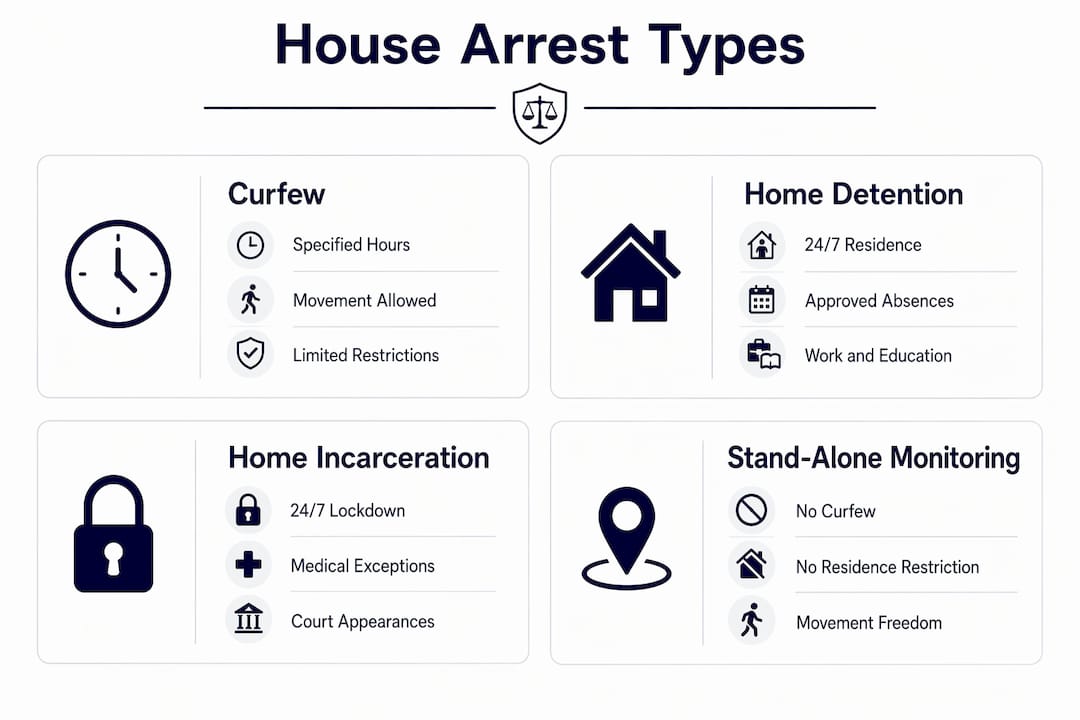 Infographic comparing house arrest types and rules