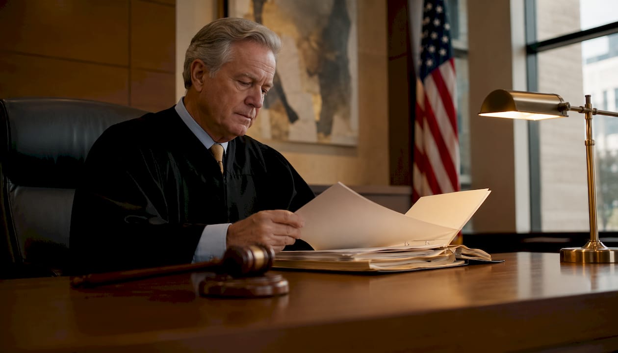 Judge reviewing speedy trial factors in court
