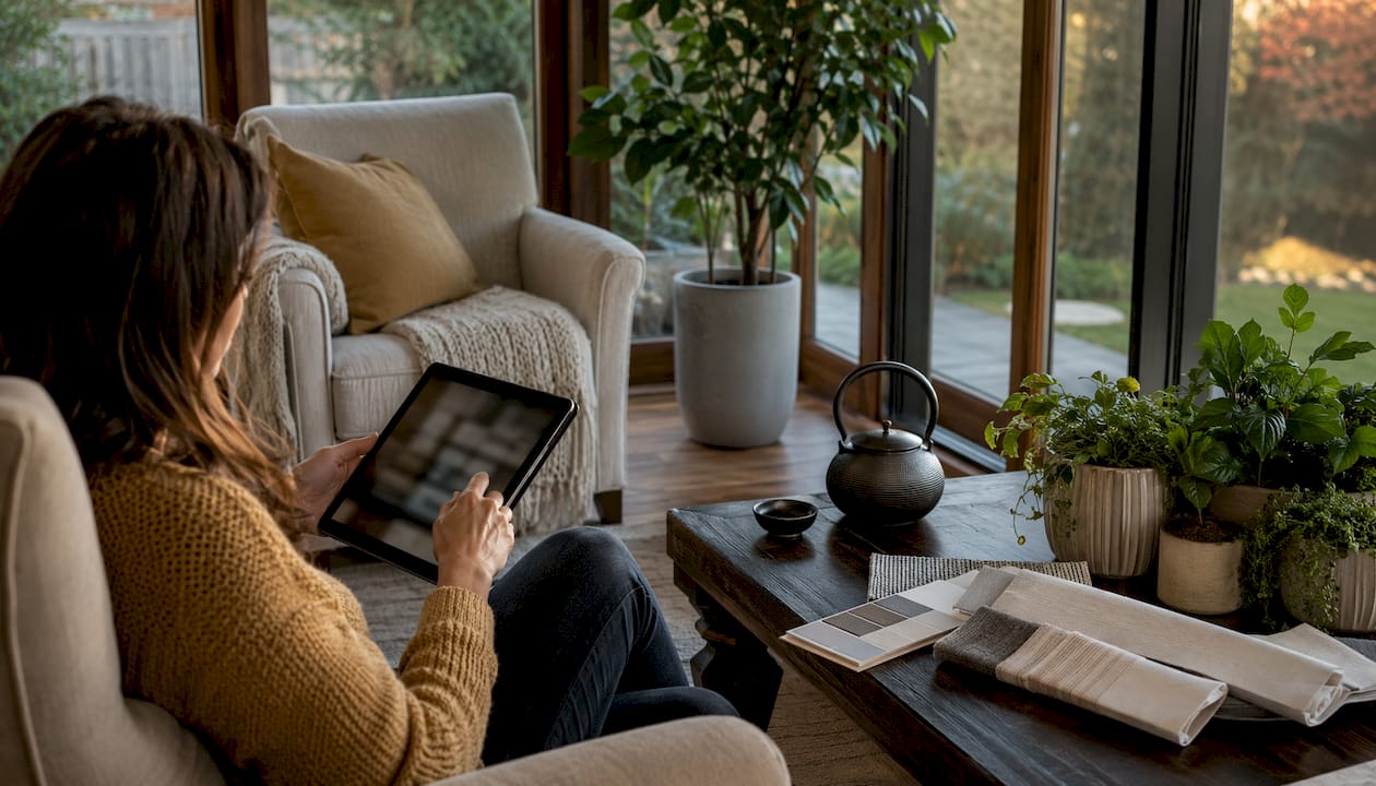 Woman in three-season sunroom browsing brochures