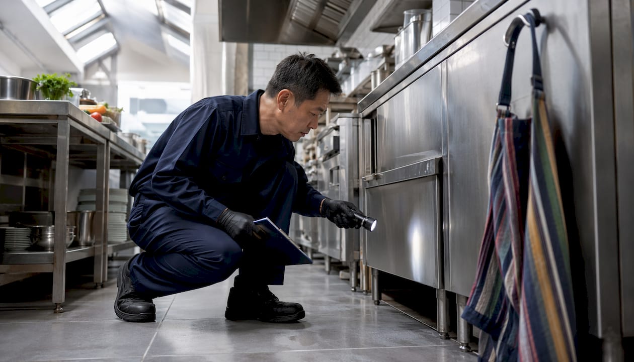 Pest control technician inspecting restaurant kitchen
