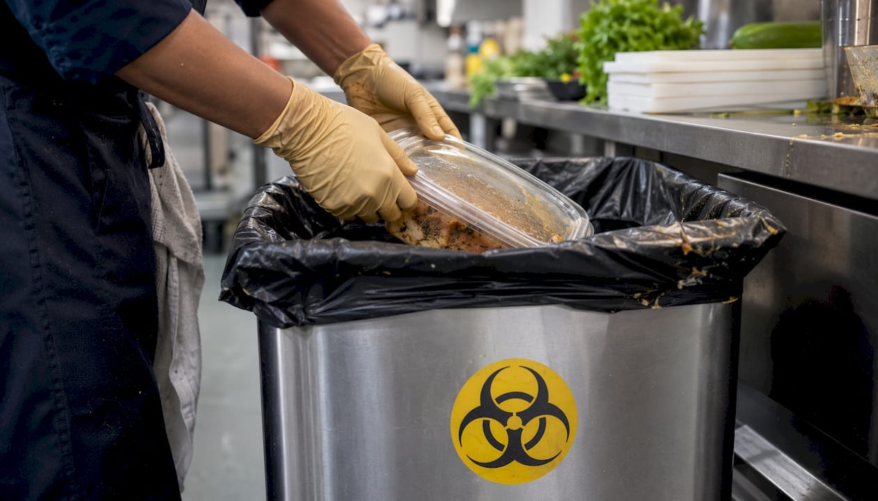 Hands discarding spoiled food in kitchen trash bin