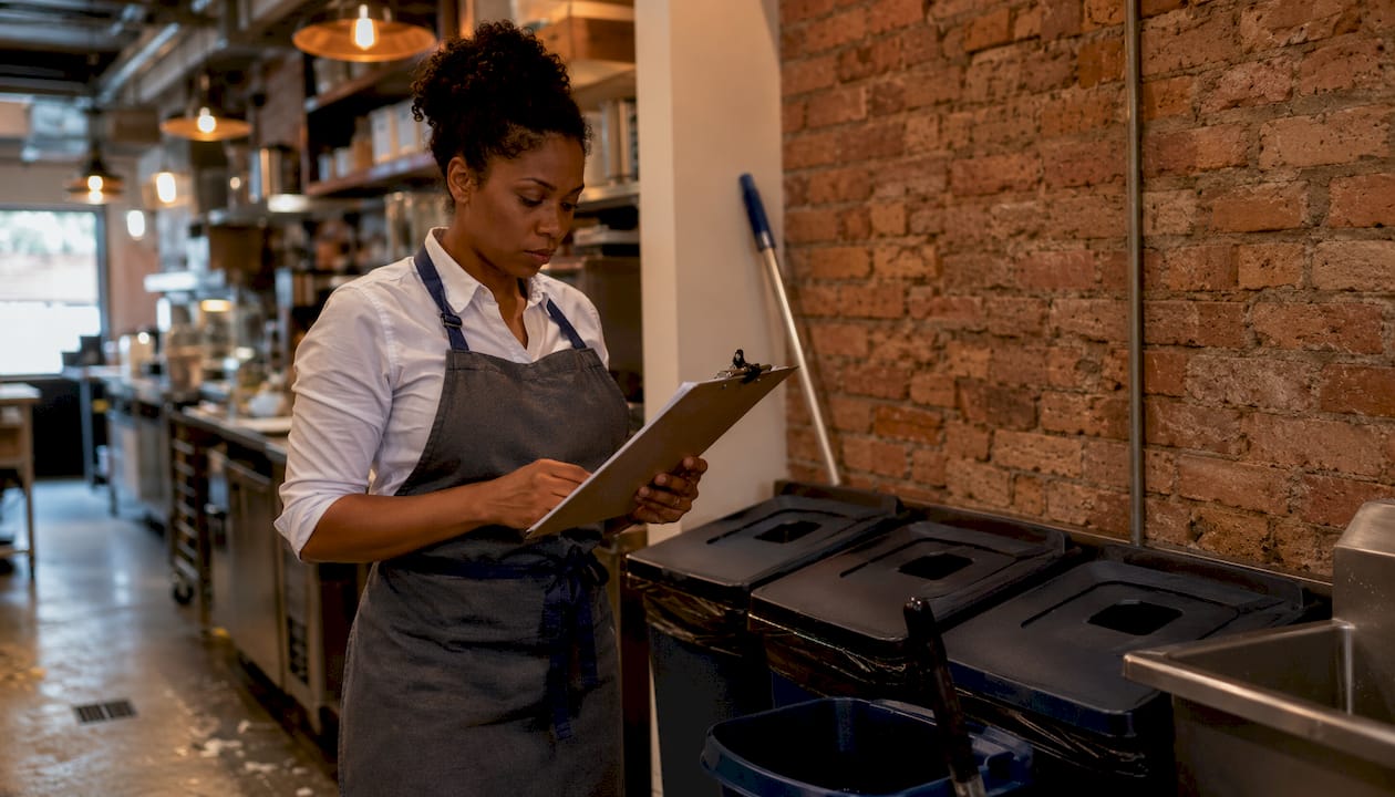 Manager checking sanitation checklist in restaurant