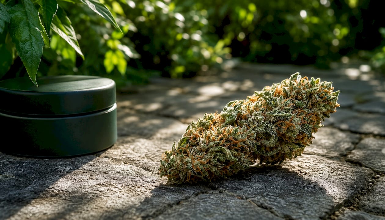 Close-up of fresh Green Crack cannabis bud outdoors