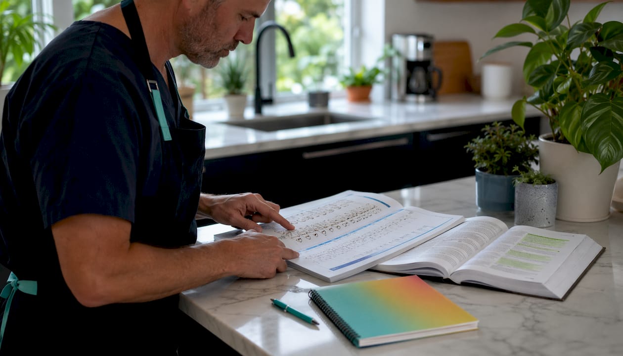 Hands holding periodontal chart and coding manual