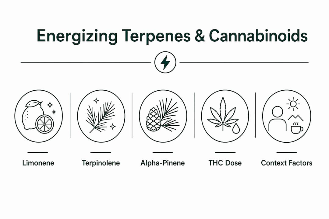 Infographic showing hierarchy of energizing cannabis terpenes and factors