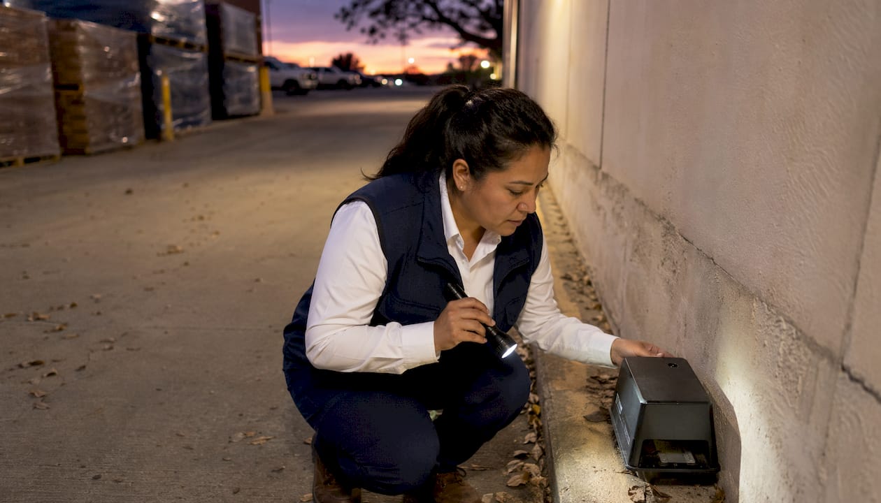 Facility manager inspecting warehouse for pests